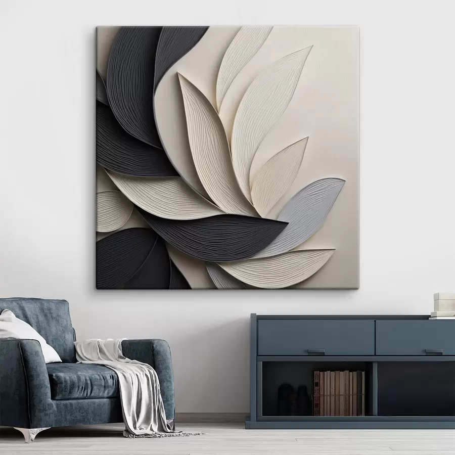 Tableau Composition abstraite de feuilles superposées, de formes courbes en noir, blanc et beige, œuvre d'art texturée s48381