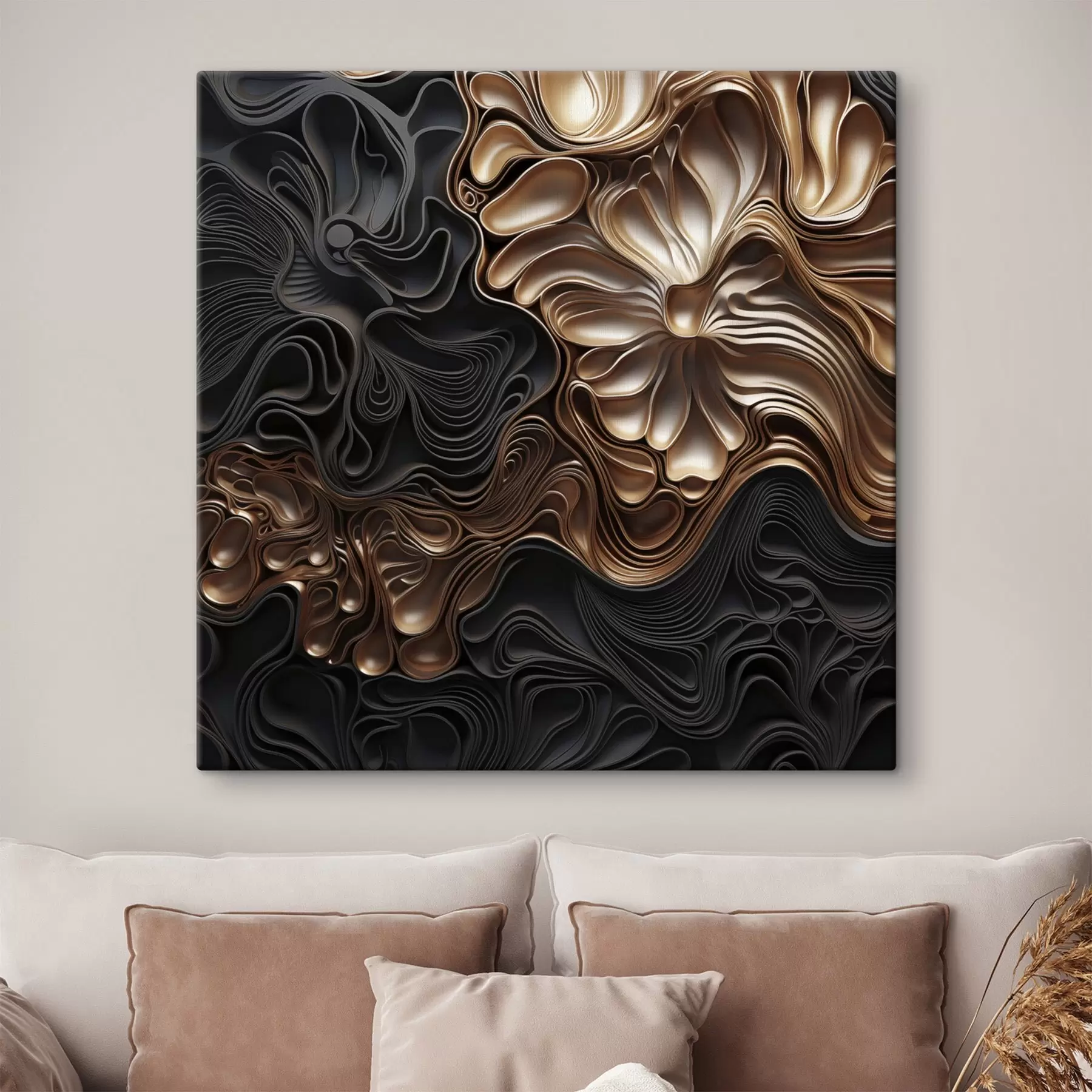 Tableau Des formes sombres, abstraites, fluides et organiques, qui composent une œuvre d'art moderne riche en textures s48383