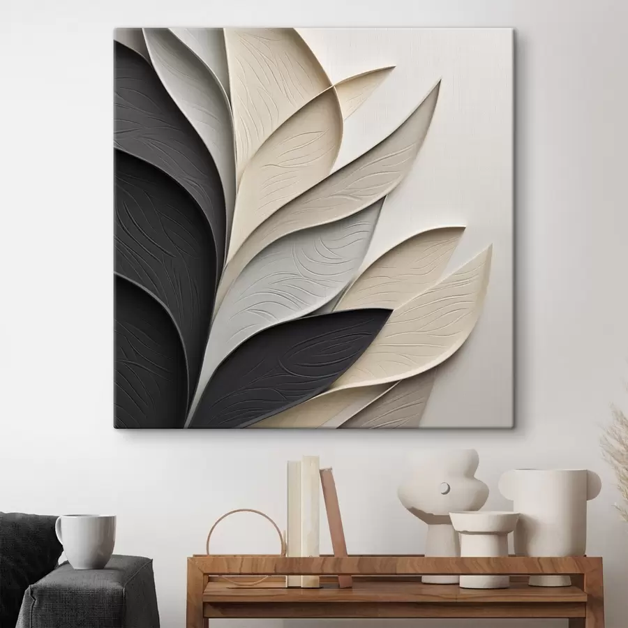 Tableau Composition abstraite de feuilles superposées, de formes courbes en noir, blanc et beige, œuvre d'art texturée s48382