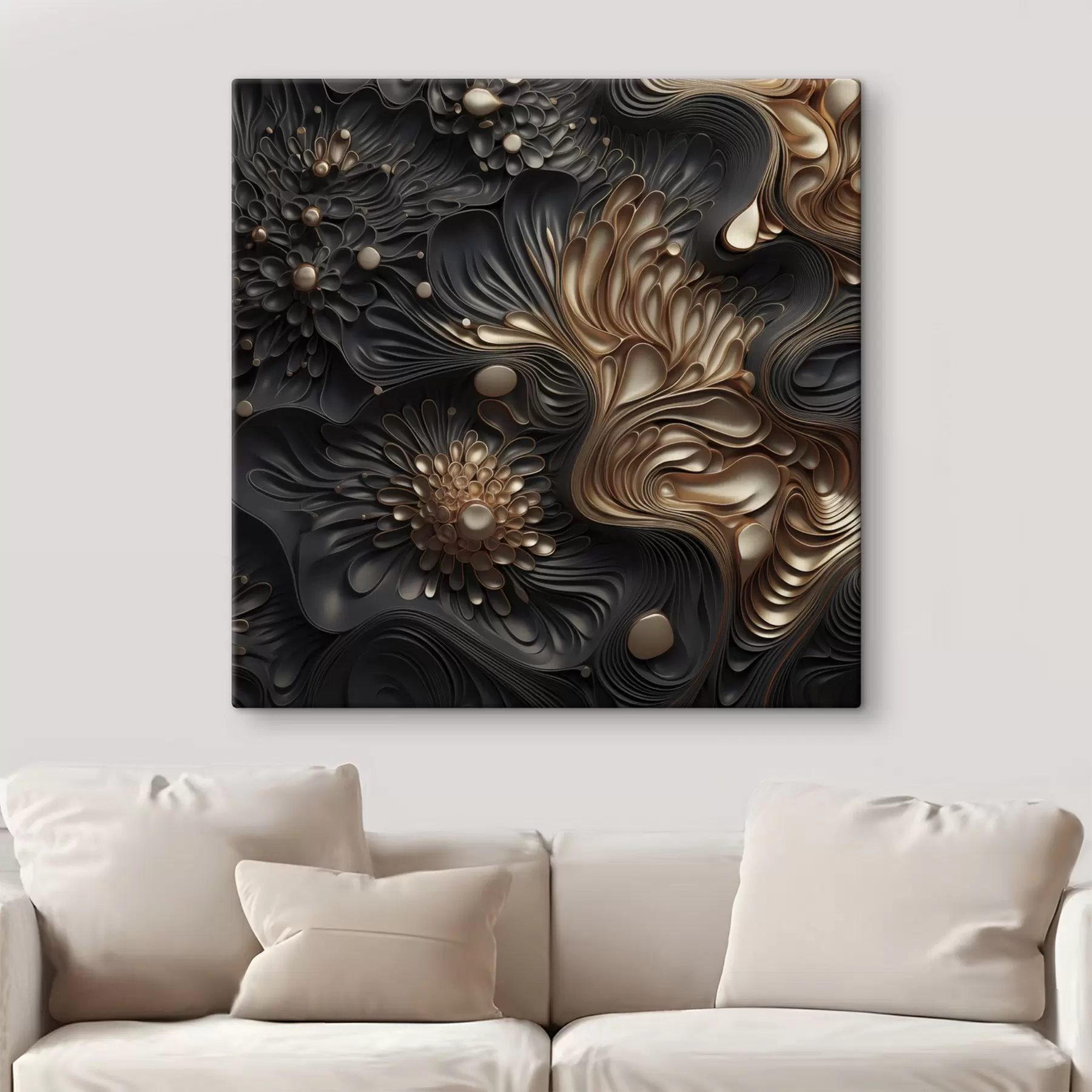 Tableau Des formes sombres, abstraites, fluides et organiques, qui composent une œuvre d'art moderne riche en textures s48384