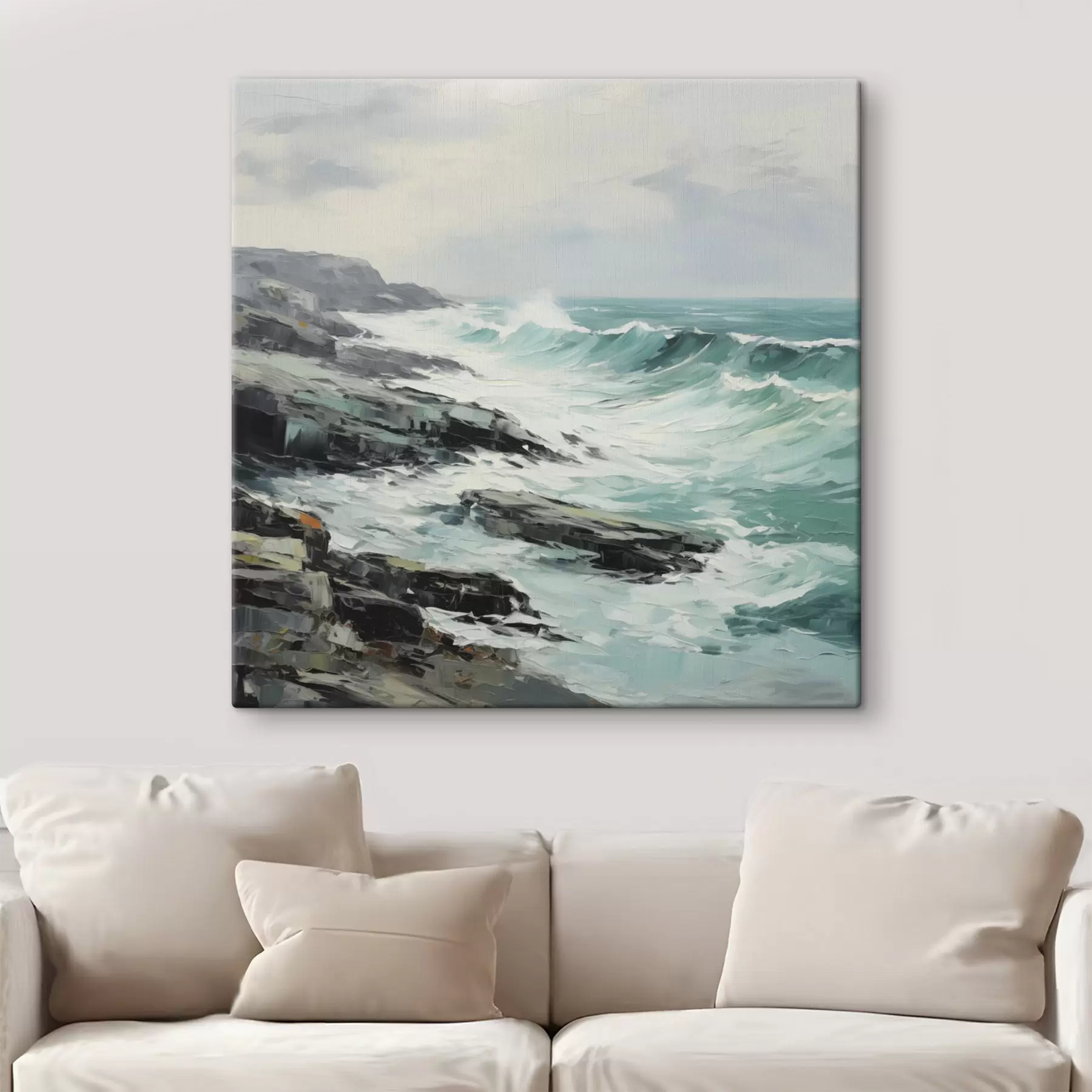 Tableau Un paysage de côte rocheuse avec des vagues sous un ciel nuageux, style peinture s48387