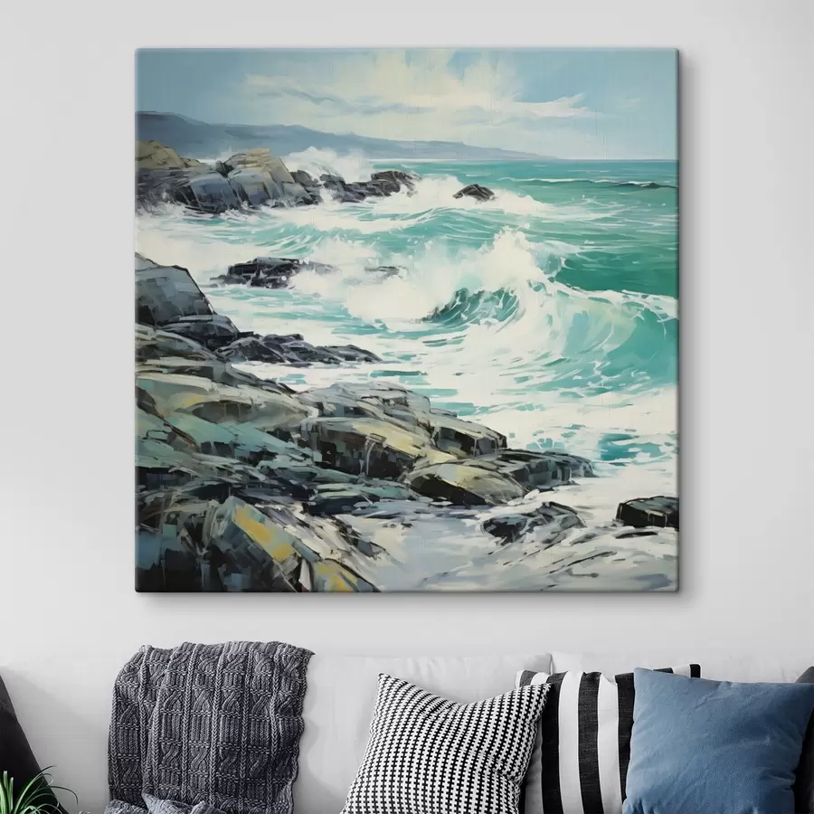 Tableau Un paysage de côte rocheuse avec des vagues sous un ciel nuageux, style peinture s48388