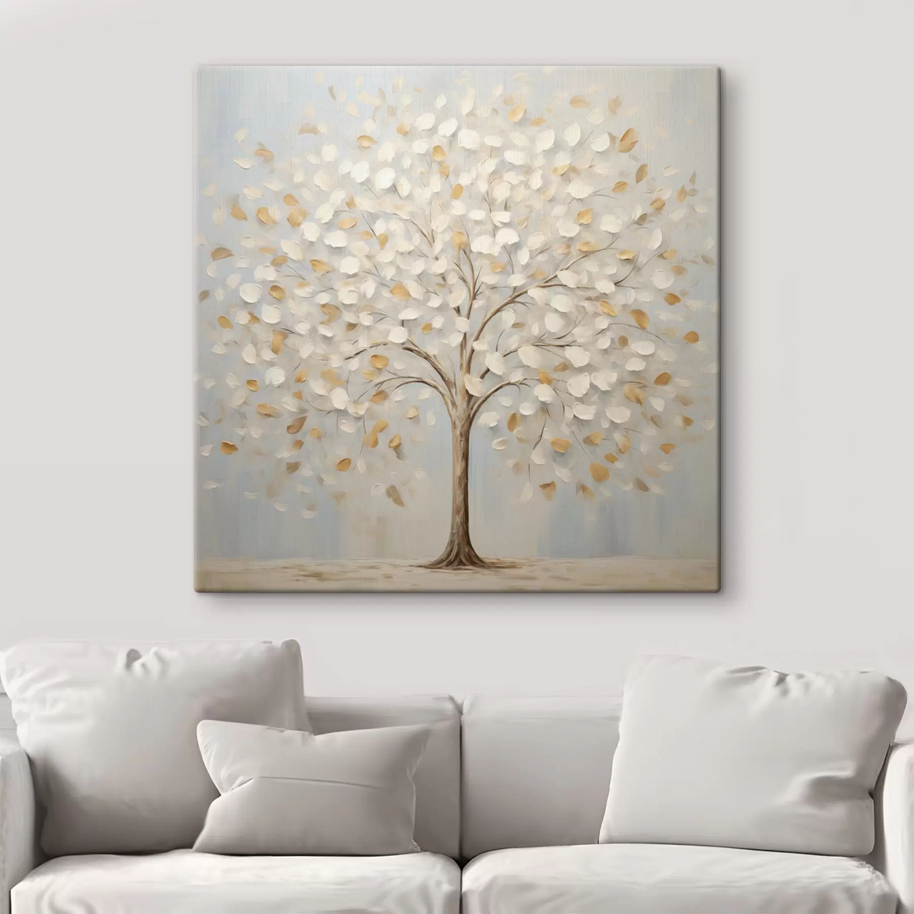 Tableau Une peinture au style texturé représentant un arbre aux feuilles blanches et jaunes sur fond bleu clair s48391