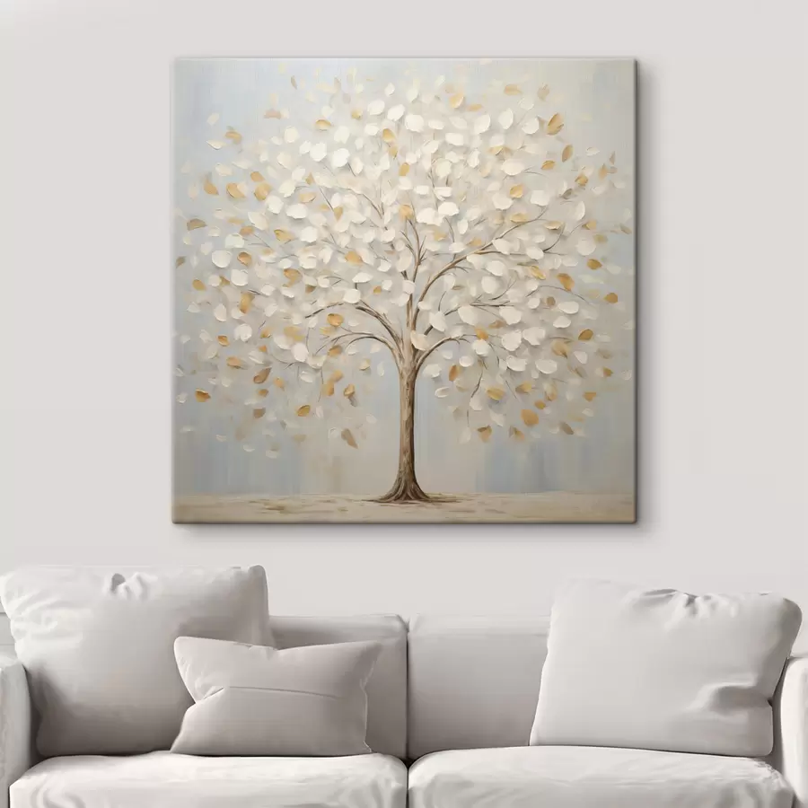 Tableau Une peinture au style texturé représentant un arbre aux feuilles blanches et jaunes sur fond bleu clair s48391
