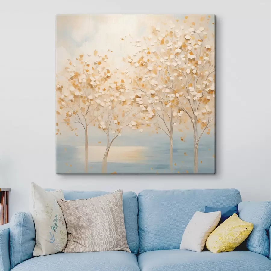 Tableau Une peinture au style texturé représentant des arbres aux feuilles blanches et jaunes sur un fond bleu clair s48392