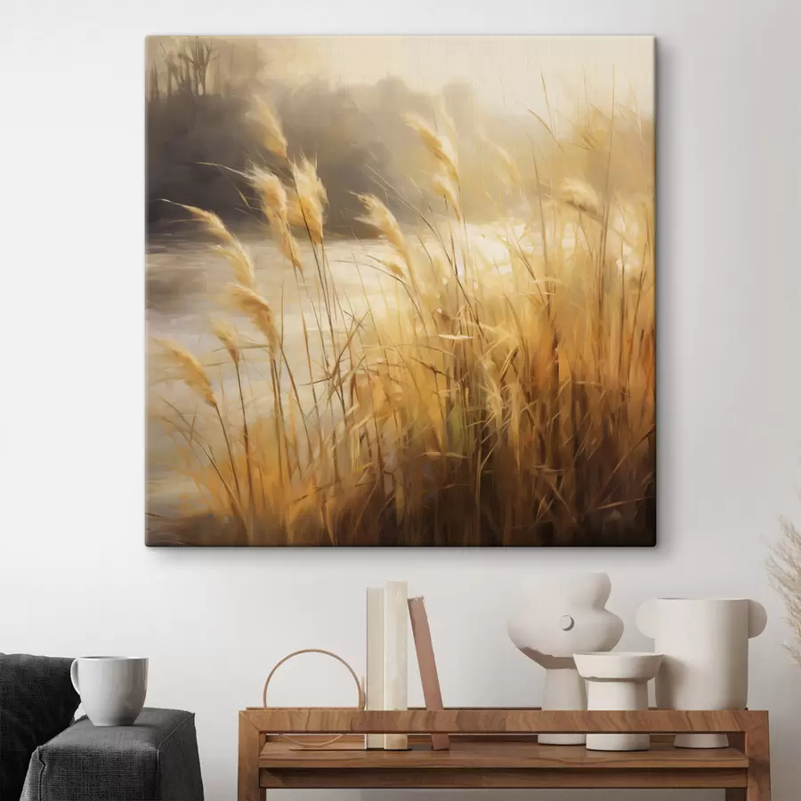 Tableau Au premier plan, de hautes herbes aux épillets secs ; à l'arrière-plan, un lac et des arbres s48394