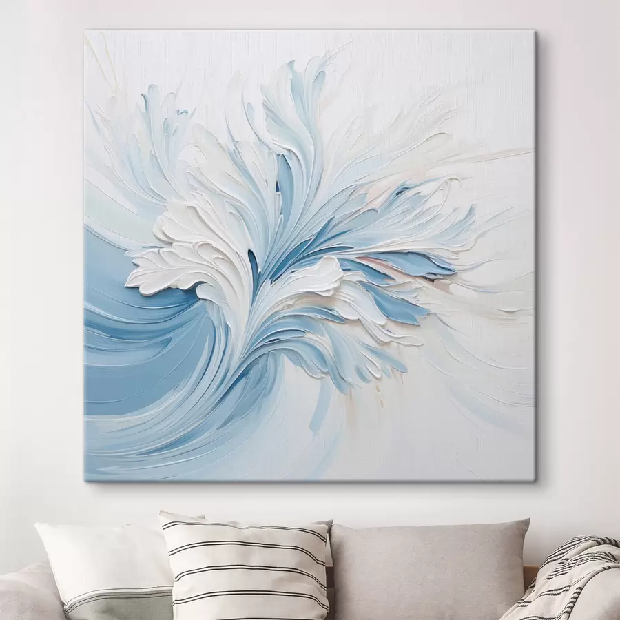 Tableau Un motif floral abstrait blanc et bleu clair, composé de pétales texturés et de lignes sinueuses s48395