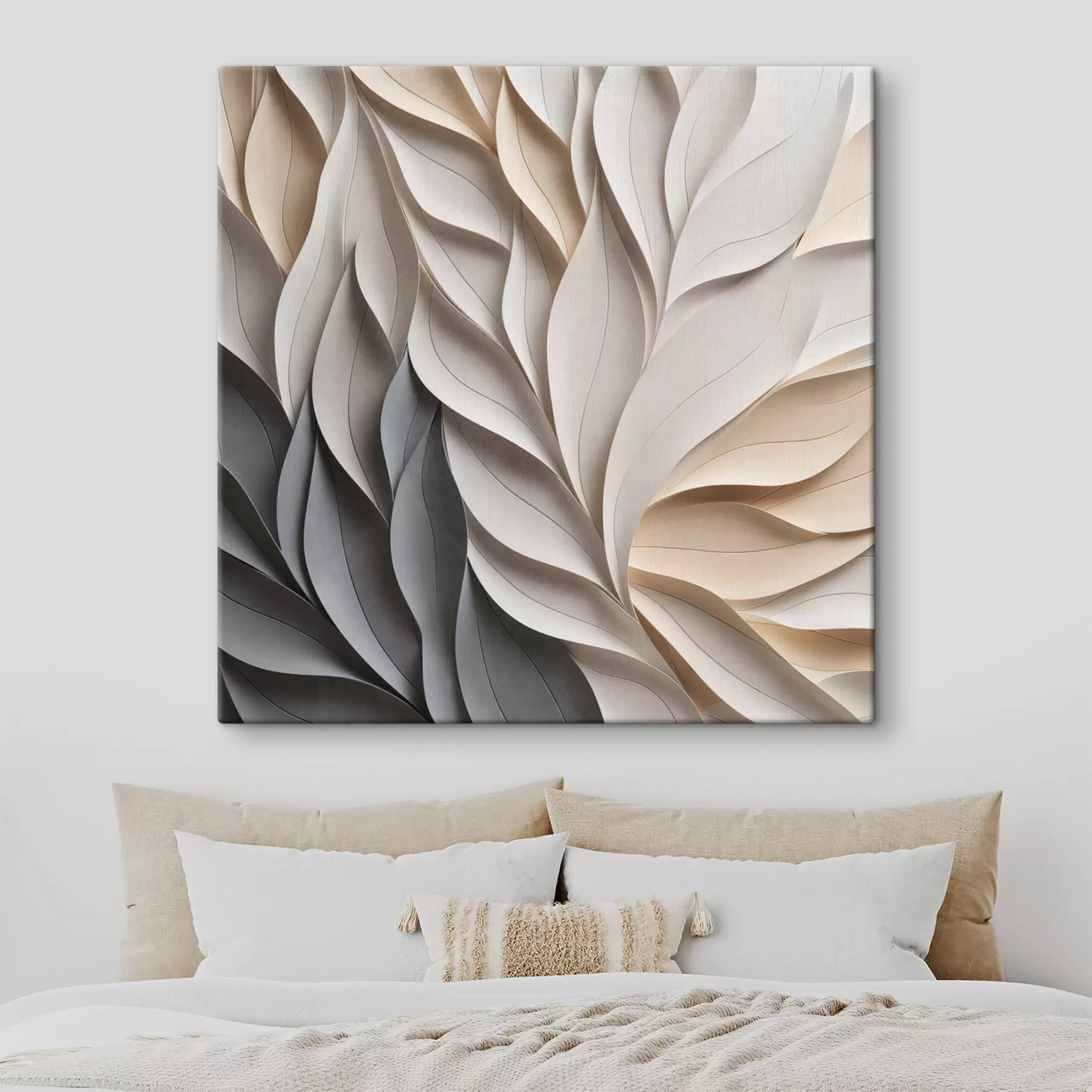 Tableau Un motif abstrait texturé représentant des feuilles qui se chevauchent, dans des tons neutres de beige, crème et gris s48407