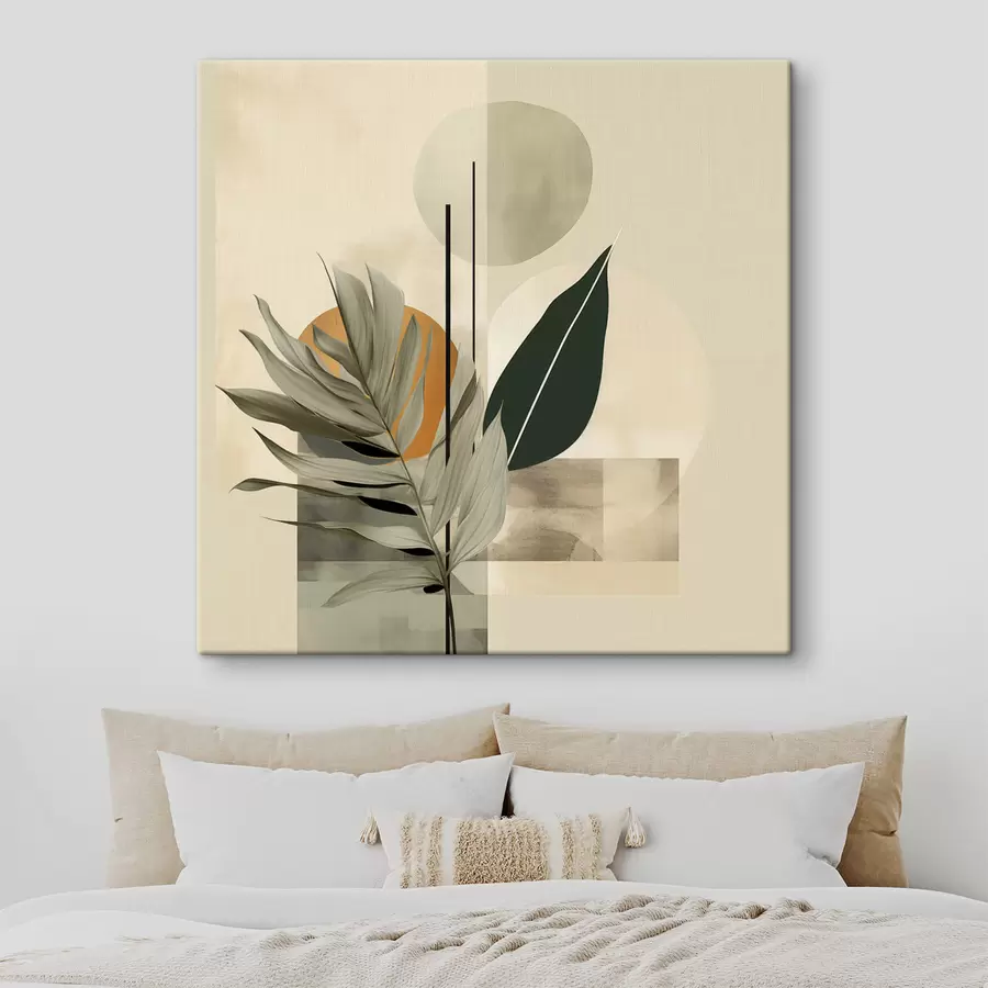 Tableau Une plante vert foncé aux formes géométriques abstraites et aux textures aquarellées dans les tons beiges et verts s48410