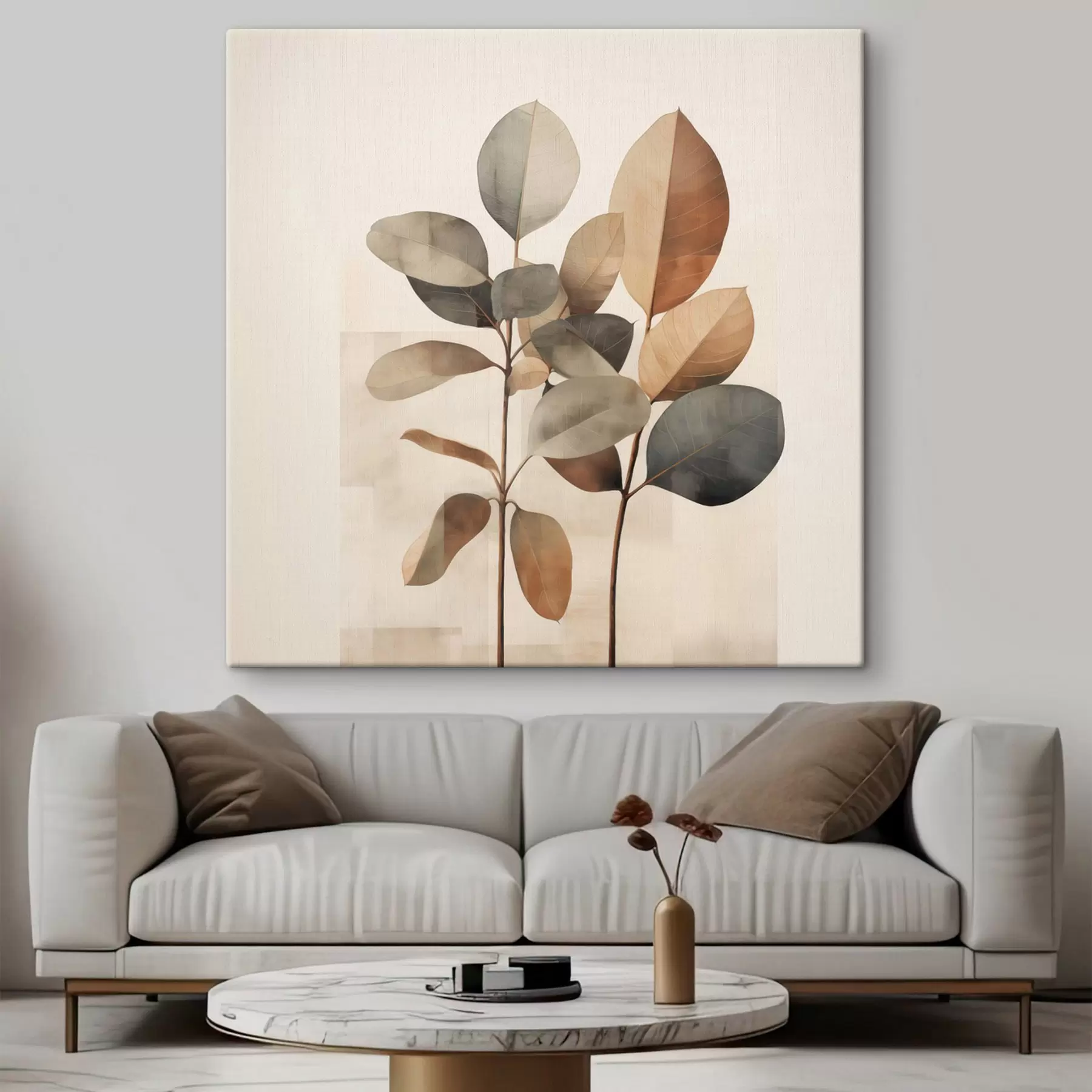 Tableau De grandes plantes aux feuilles ovales, dans des tons sobres, ornées de motifs rectangulaires abstraits s48413