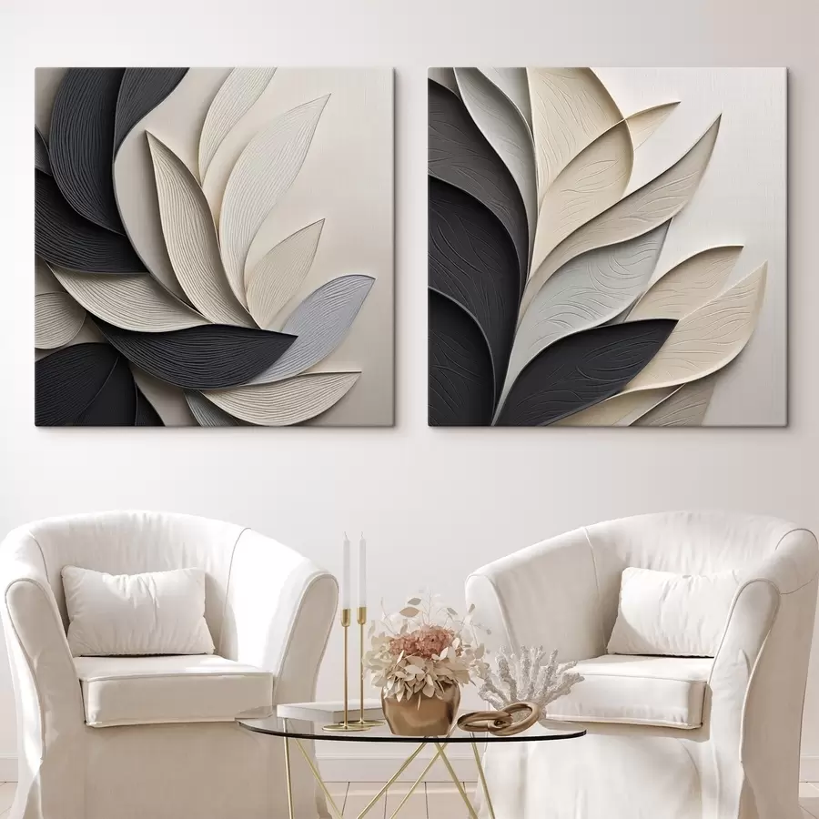 Tableau Composition abstraite de feuilles superposées, de formes courbes en noir, blanc et beige, œuvre d'art texturée m30195