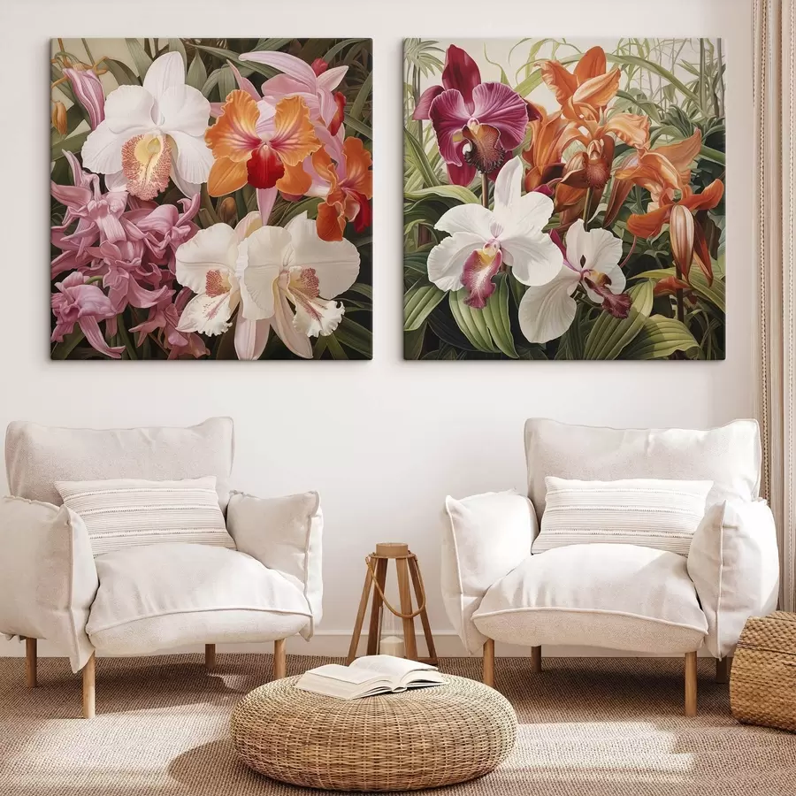 Tableau Bouquet de fleurs tropicales, avec des orchidées et du feuillage vert en arrière-plan m30197