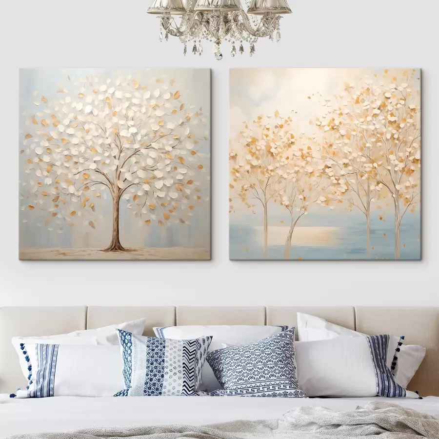 Tableau Une peinture au style texturé représentant des arbres aux feuilles blanches et jaunes sur un fond bleu clair m30200