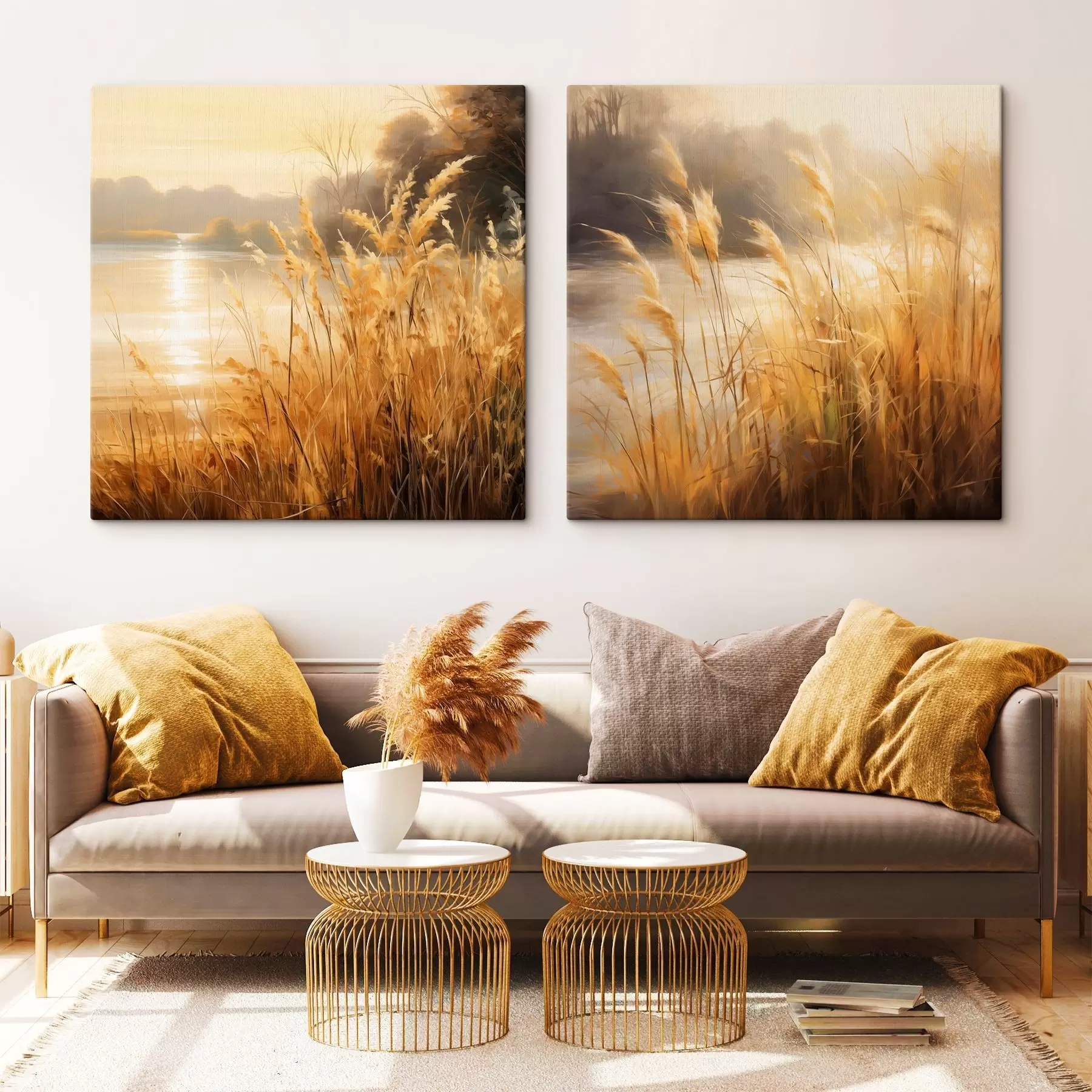 Tableau Au premier plan, de hautes herbes aux épillets secs ; à l'arrière-plan, un lac et des arbres m30201