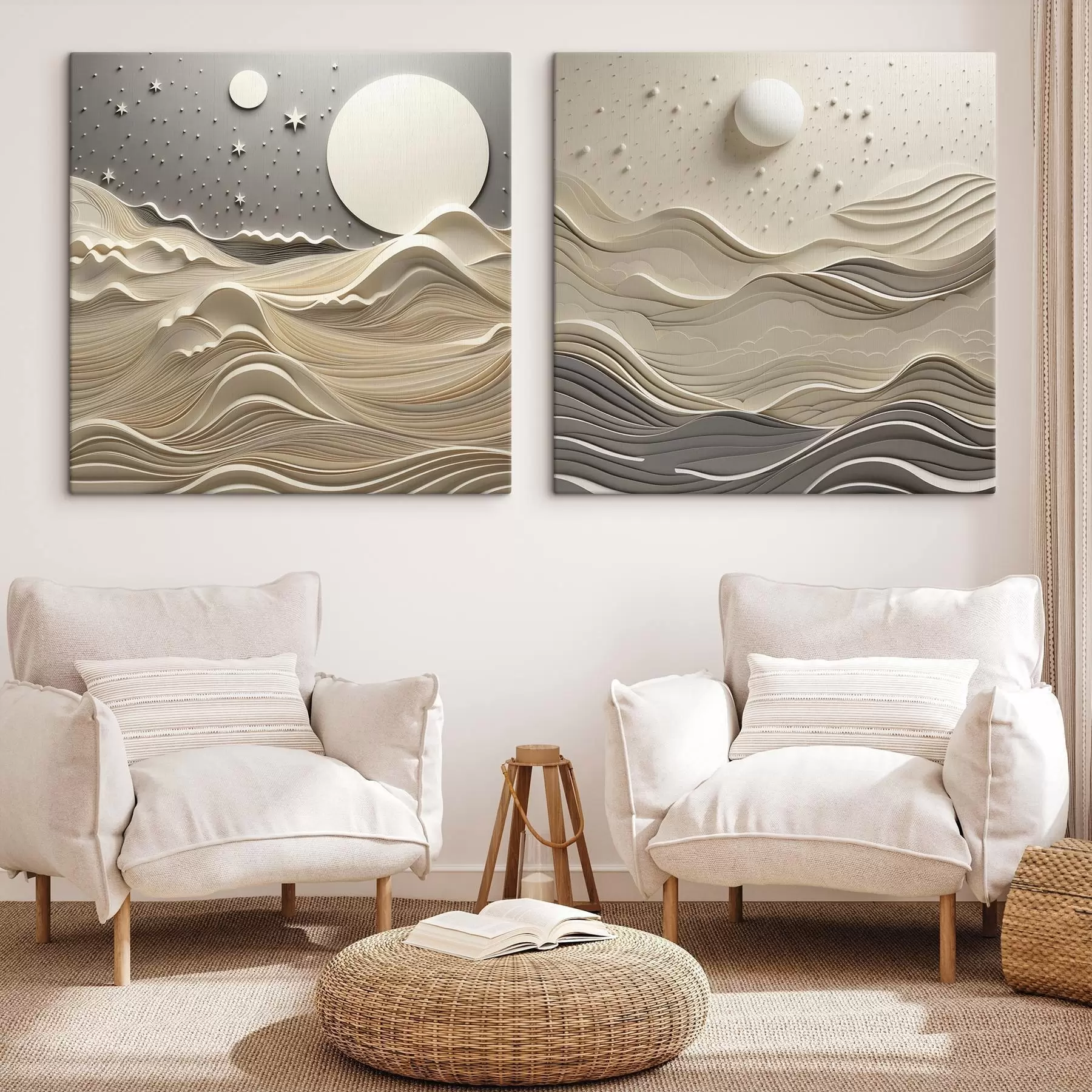 Tableau Un paysage minimaliste et stylisé, avec des collines ondulantes et une grande lune dans un ciel étoilé, œuvre d'art abstrait m30205