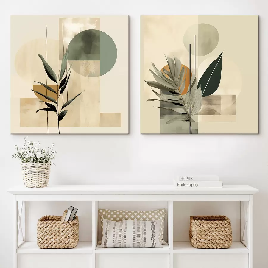 Tableau Une plante vert foncé aux formes géométriques abstraites et aux textures aquarellées dans les tons beiges et verts m30209