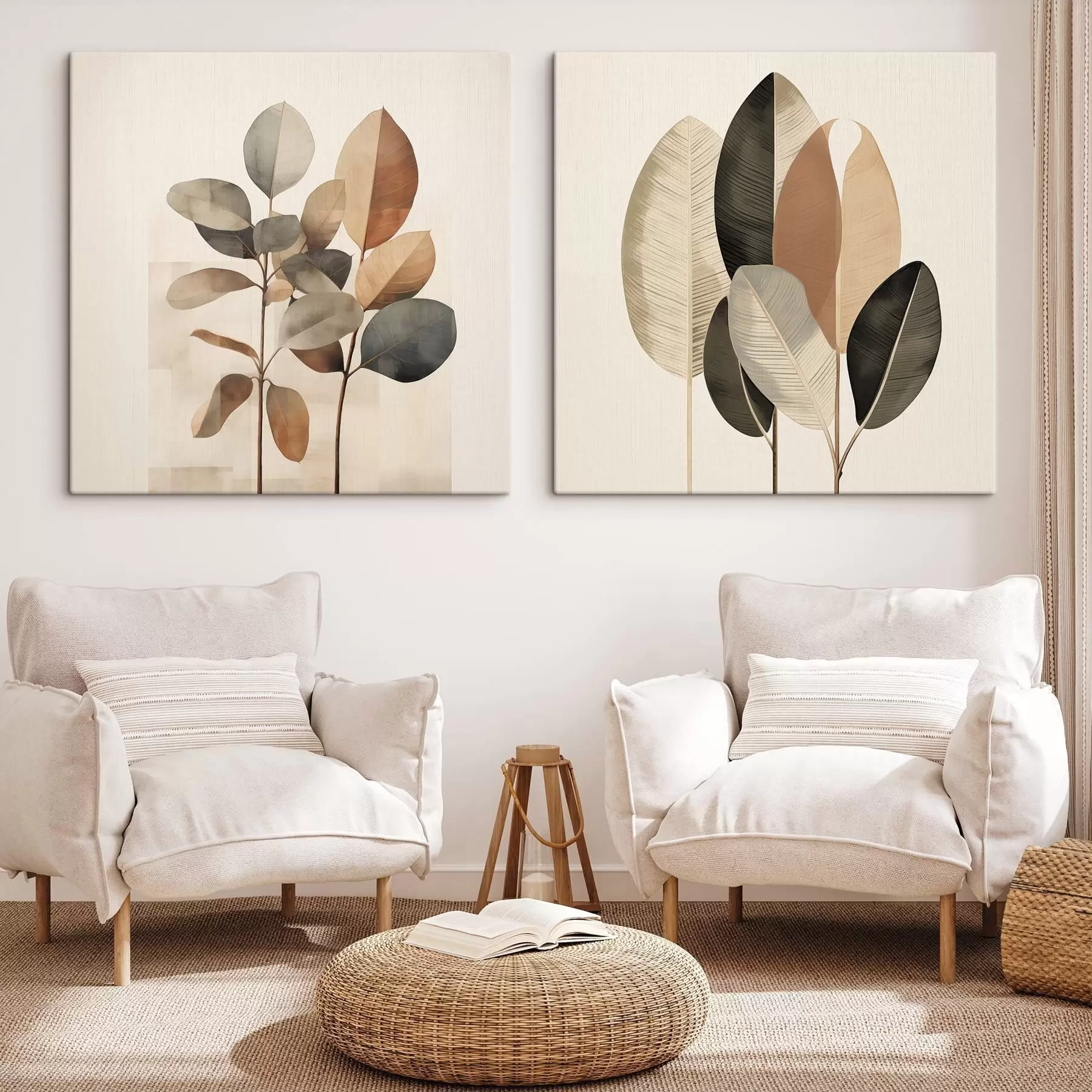 Tableau De grandes plantes aux feuilles ovales, dans des tons sobres, ornées de motifs rectangulaires abstraits m30211