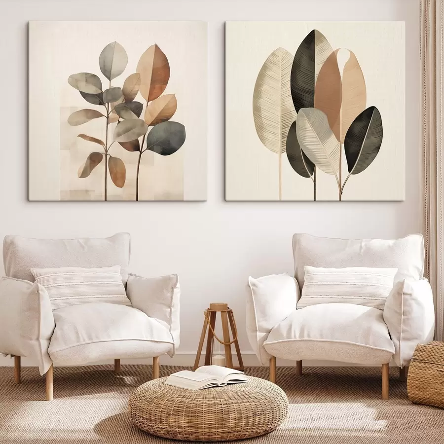 Tableau De grandes plantes aux feuilles ovales, dans des tons sobres, ornées de motifs rectangulaires abstraits m30211