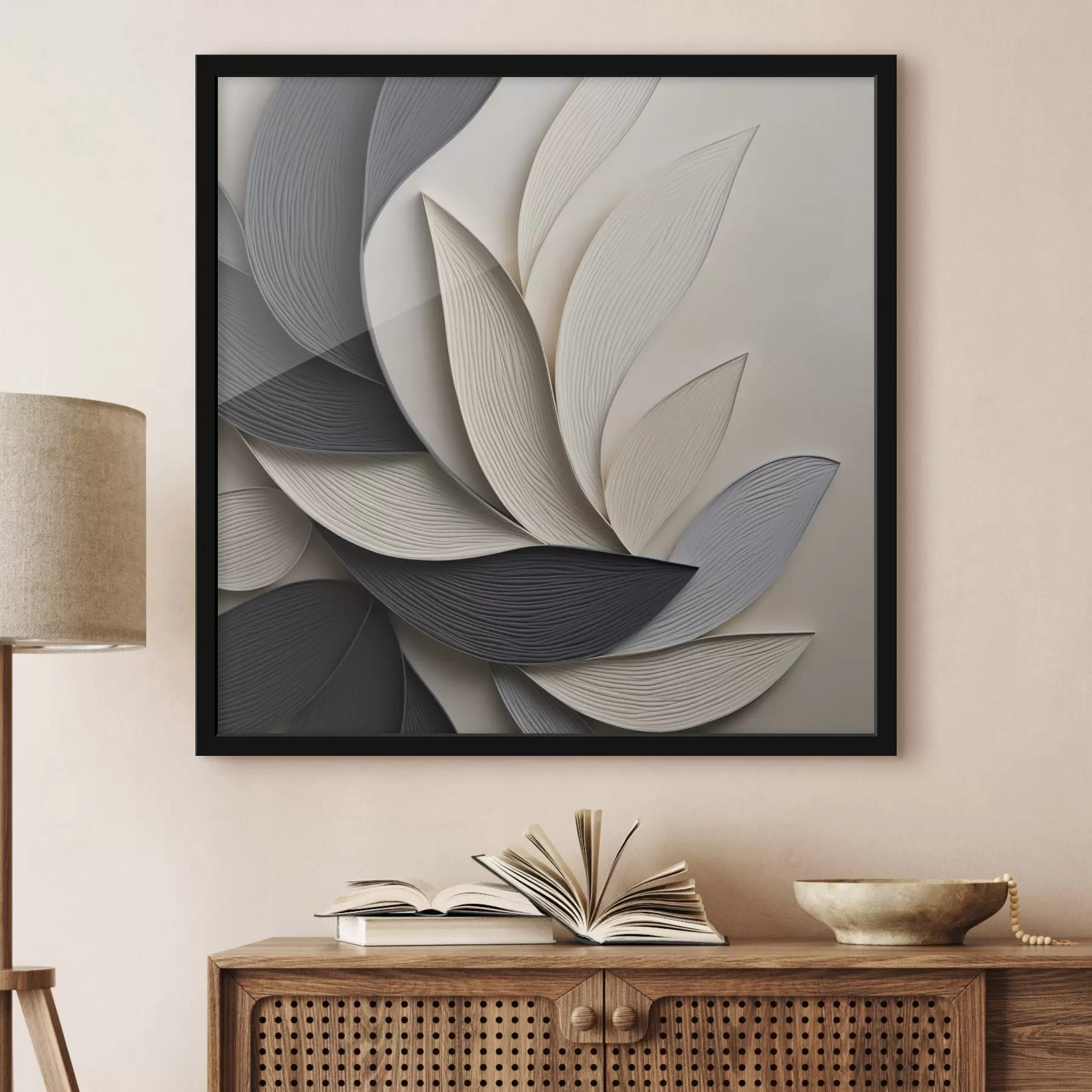 Papier peint Composition abstraite de feuilles superposées, de formes courbes en noir, blanc et beige, œuvre d'art texturée f48381