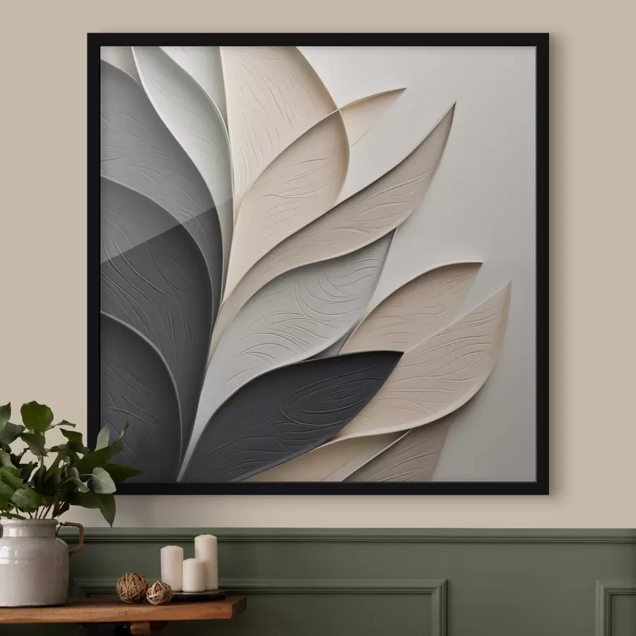 Papier peint Composition abstraite de feuilles superposées, de formes courbes en noir, blanc et beige, œuvre d'art texturée f48382