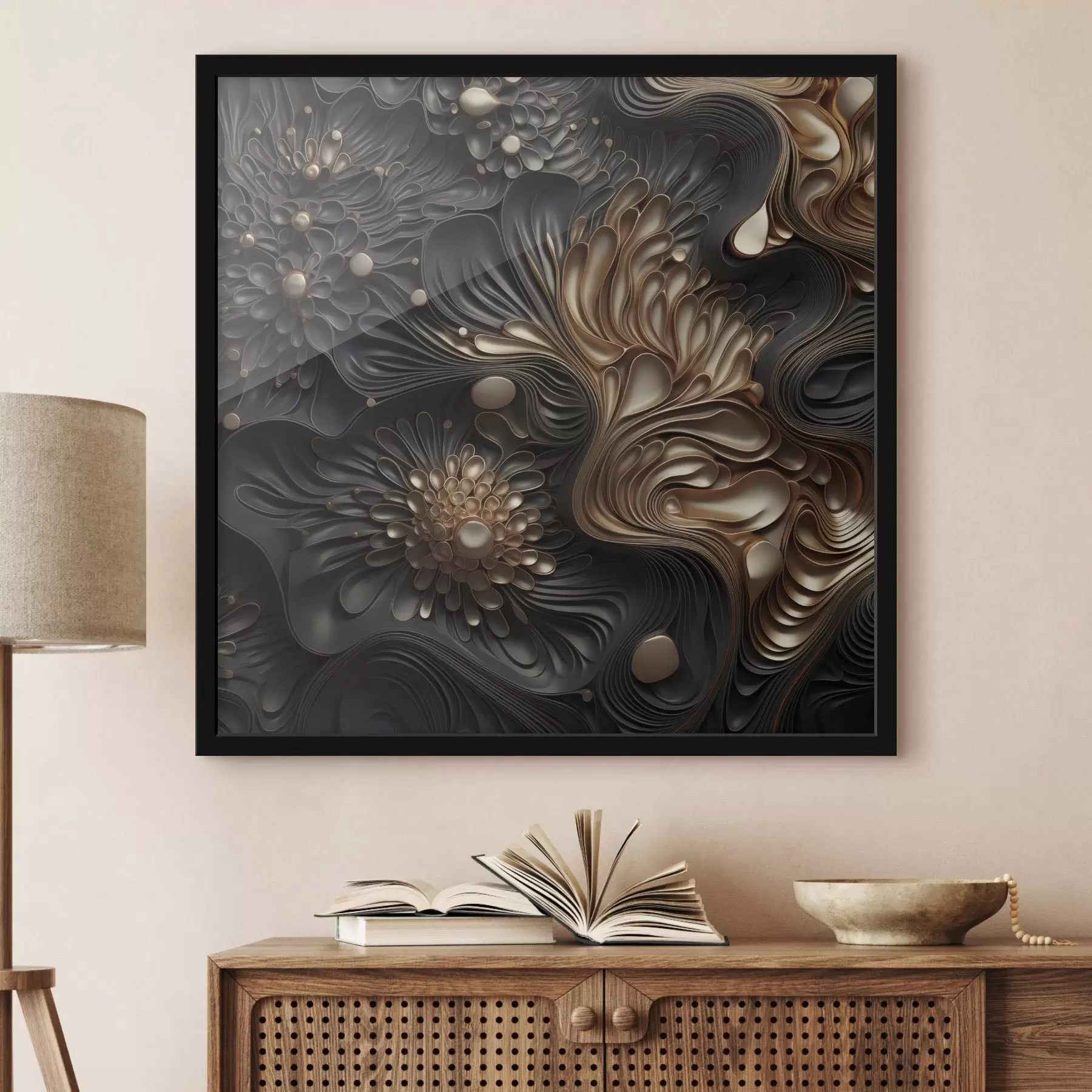 Papier peint Des formes sombres, abstraites, fluides et organiques, qui composent une œuvre d'art moderne riche en textures f48384