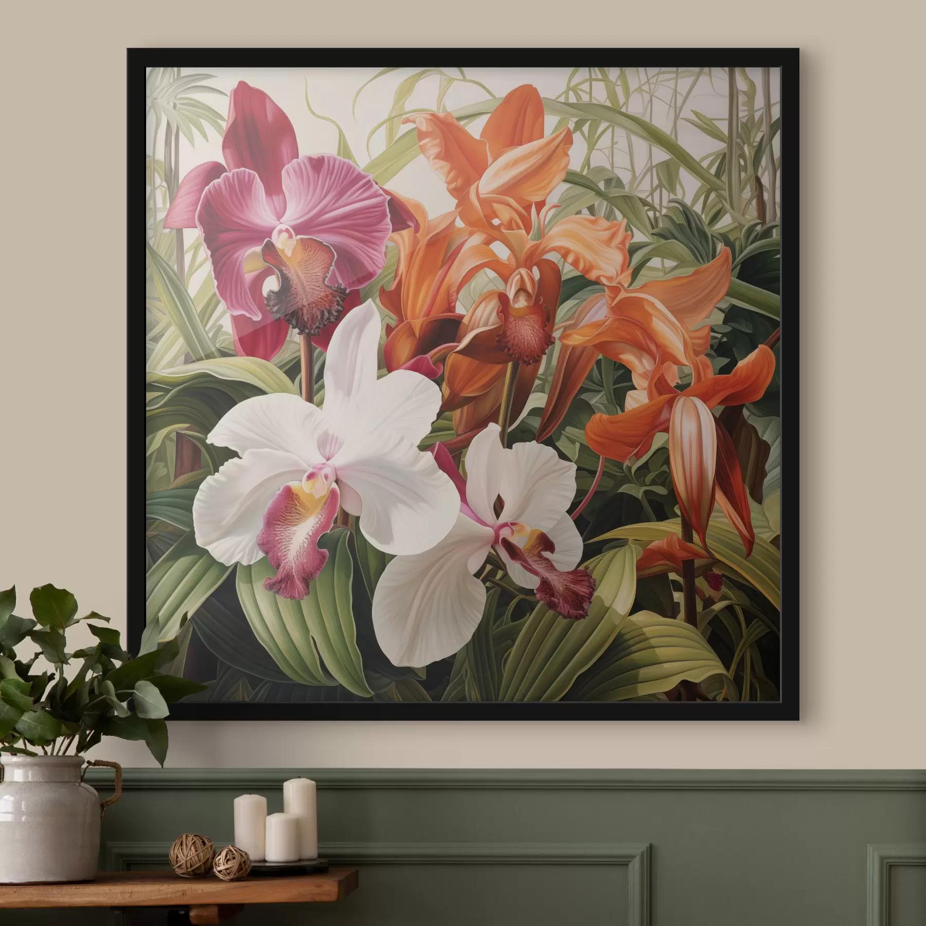 Tableau Bouquet de fleurs tropicales, avec des orchidées et du feuillage vert en arrière-plan f48386
