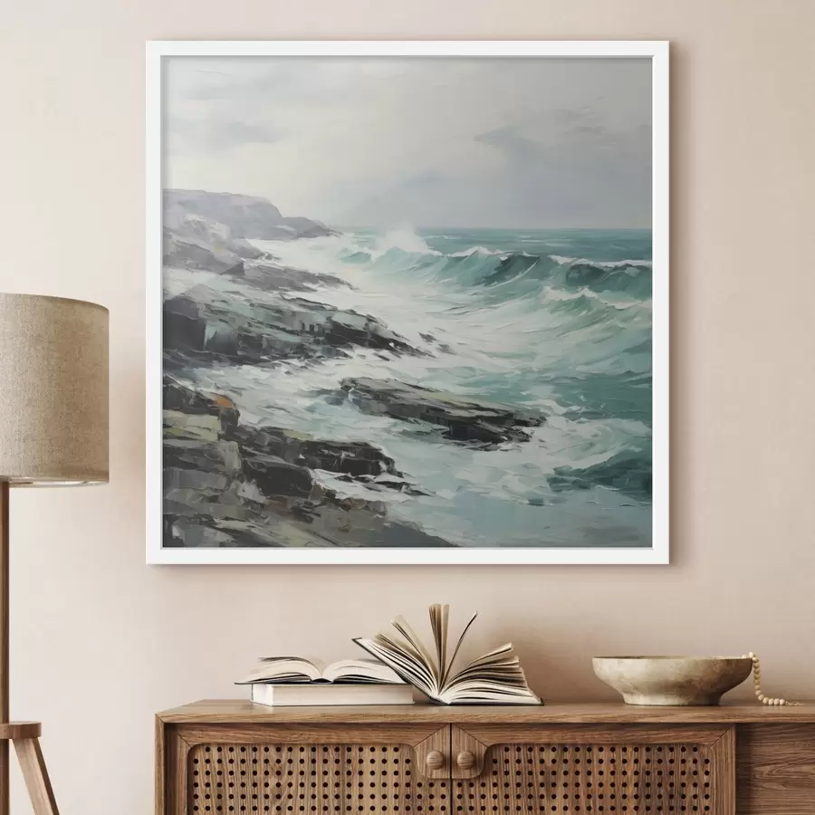 Papier peint Un paysage de côte rocheuse avec des vagues sous un ciel nuageux, style peinture f48387