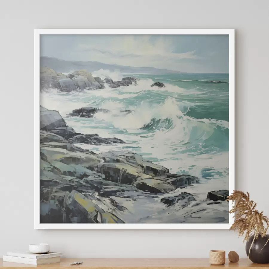 Papier peint Un paysage de côte rocheuse avec des vagues sous un ciel nuageux, style peinture f48388