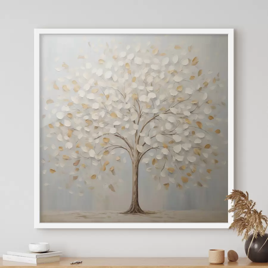 Papier peint Une peinture au style texturé représentant un arbre aux feuilles blanches et jaunes sur fond bleu clair f48391