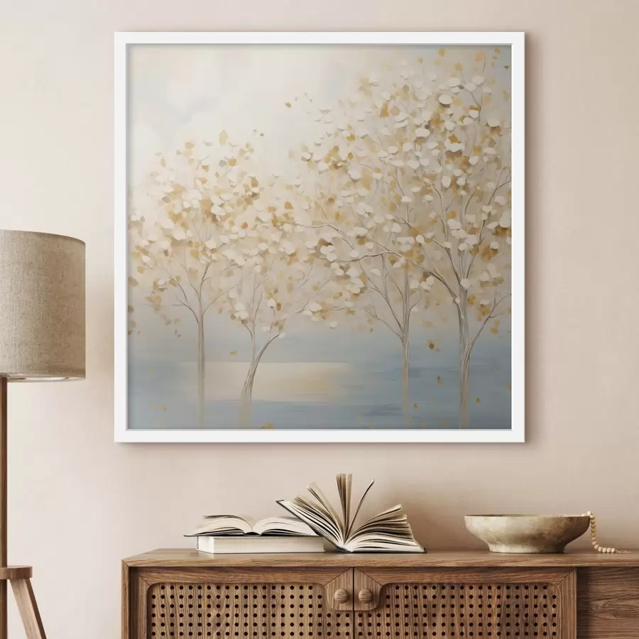 Papier peint Une peinture au style texturé représentant des arbres aux feuilles blanches et jaunes sur un fond bleu clair f48392