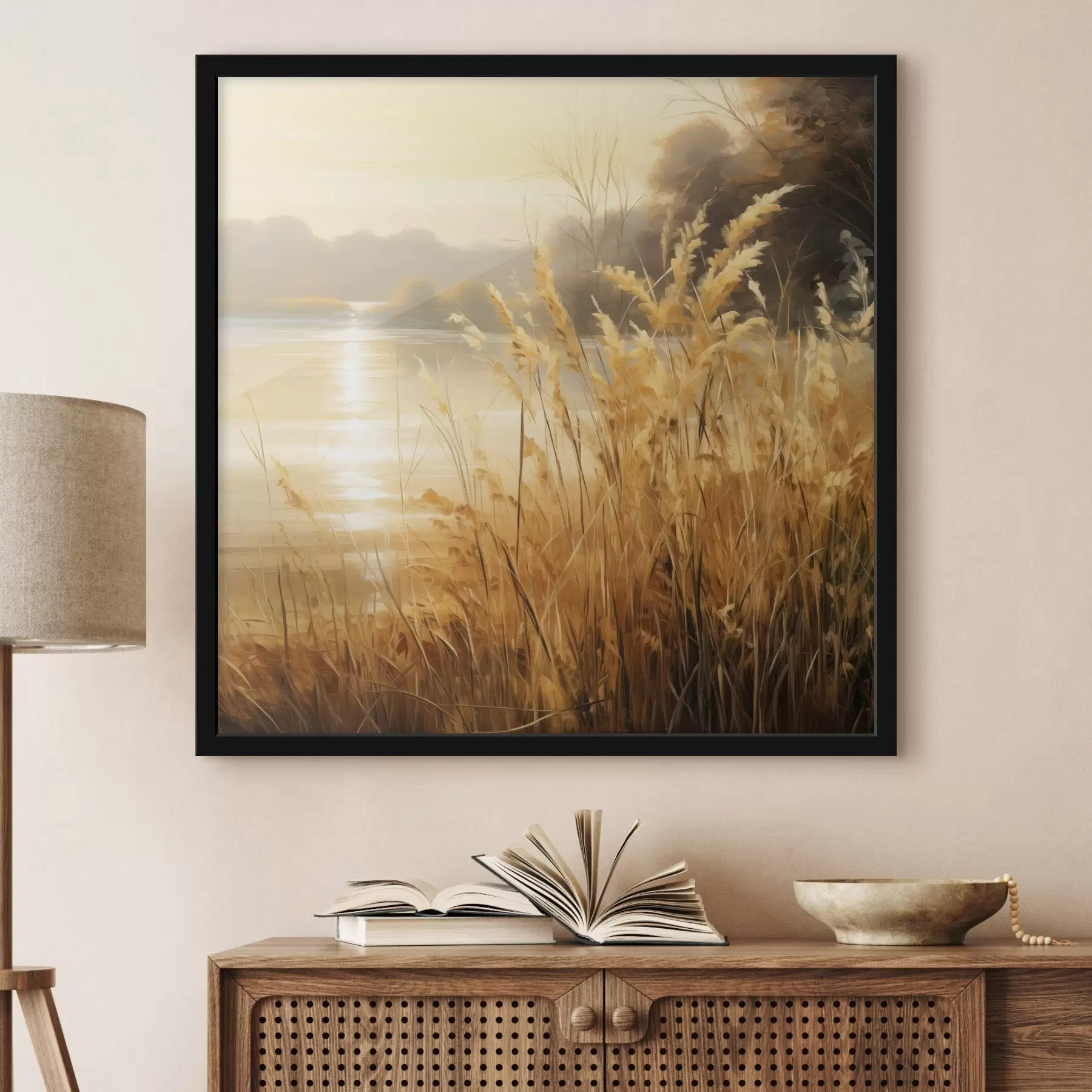 Papier peint Au premier plan, de hautes herbes aux épillets secs ; à l'arrière-plan, un lac et des arbres f48393