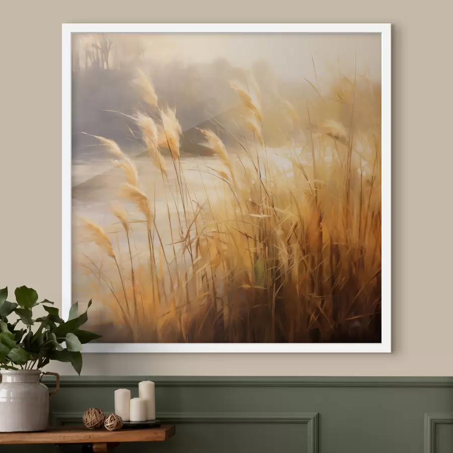 Papier peint Au premier plan, de hautes herbes aux épillets secs ; à l'arrière-plan, un lac et des arbres f48394