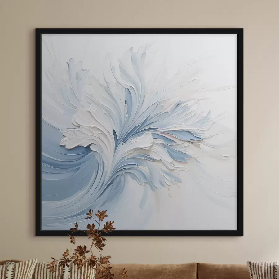 Papier peint Un motif floral abstrait blanc et bleu clair, composé de pétales texturés et de lignes sinueuses f48395