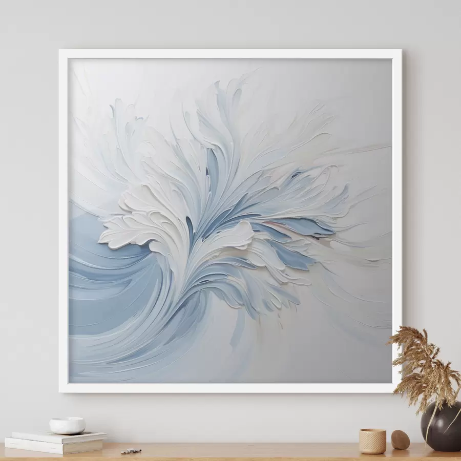 Papier peint Un motif floral abstrait blanc et bleu clair, composé de pétales texturés et de lignes sinueuses f48395