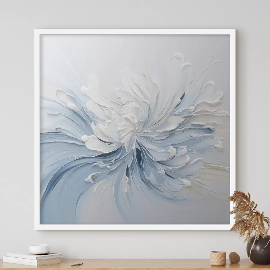 Papier peint Un motif floral abstrait blanc et bleu clair, composé de pétales texturés et de lignes sinueuses f48396