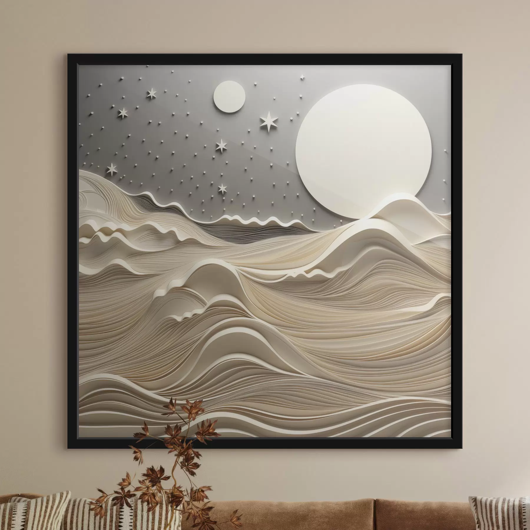 Papier peint Un paysage minimaliste et stylisé, avec des collines ondulantes et une grande lune dans un ciel étoilé, œuvre d'art abstrait f48401