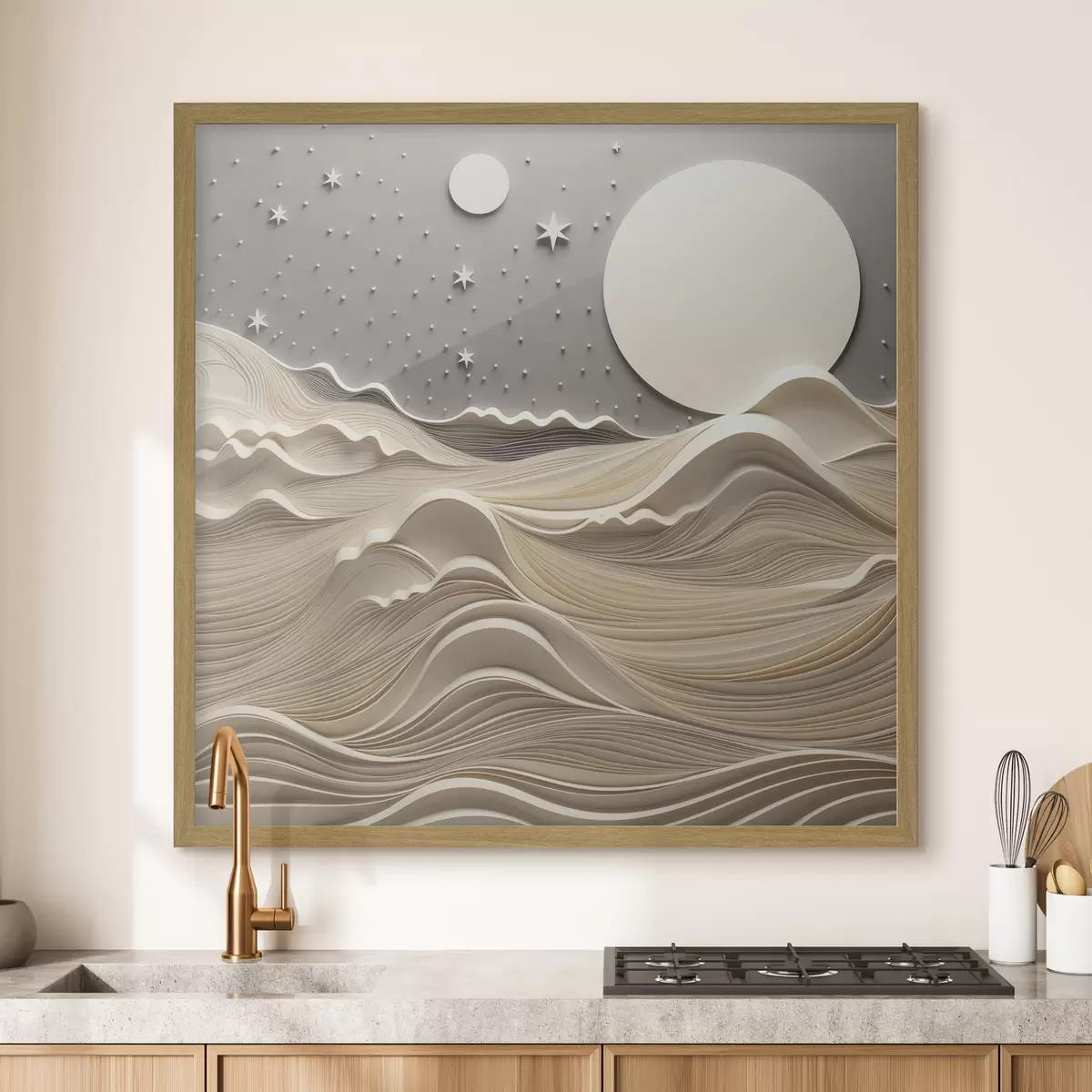 Poster Un paysage minimaliste et stylisé, avec des collines ondulantes et une grande lune dans un ciel étoilé, œuvre d'art abstrait f48401