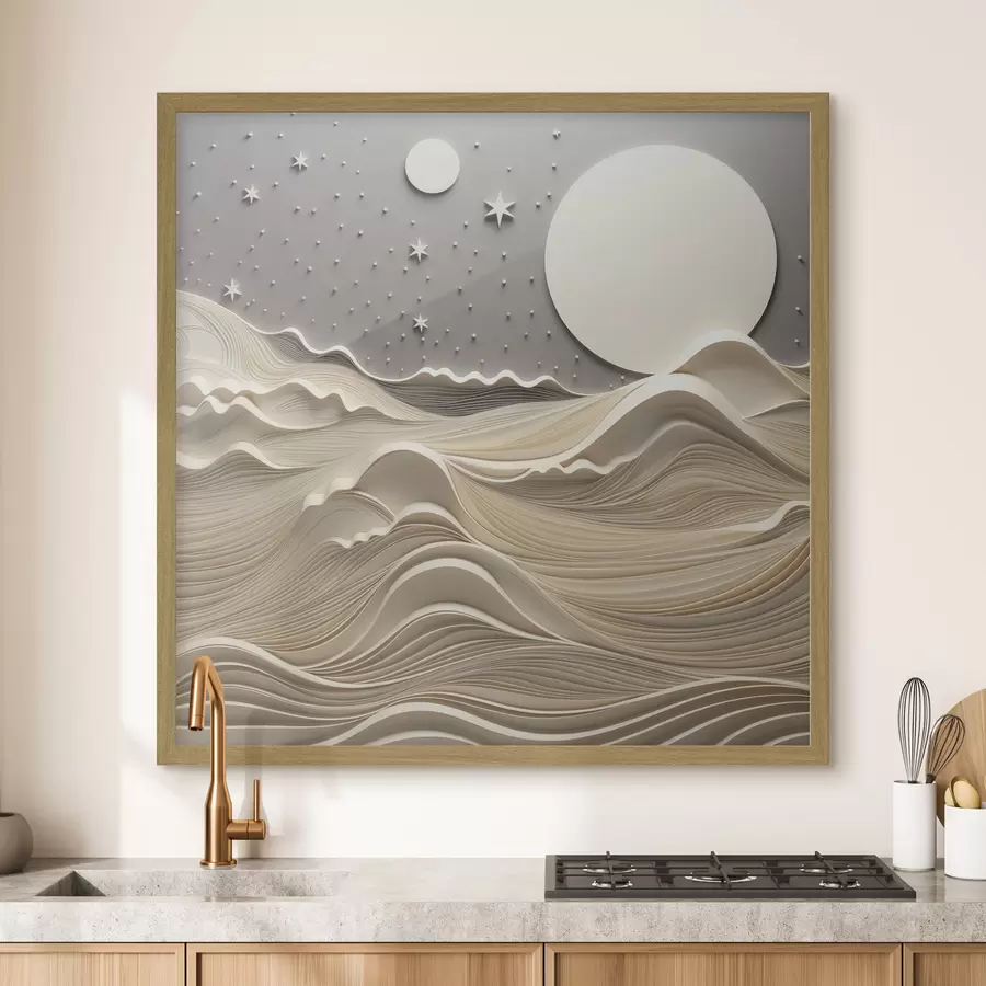 Papier peint Un paysage minimaliste et stylisé, avec des collines ondulantes et une grande lune dans un ciel étoilé, œuvre d'art abstrait f48401