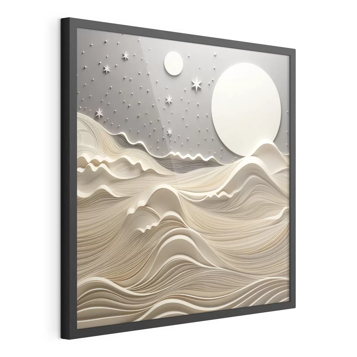 Poster Un paysage minimaliste et stylisé, avec des collines ondulantes et une grande lune dans un ciel étoilé, œuvre d'art abstrait f48401