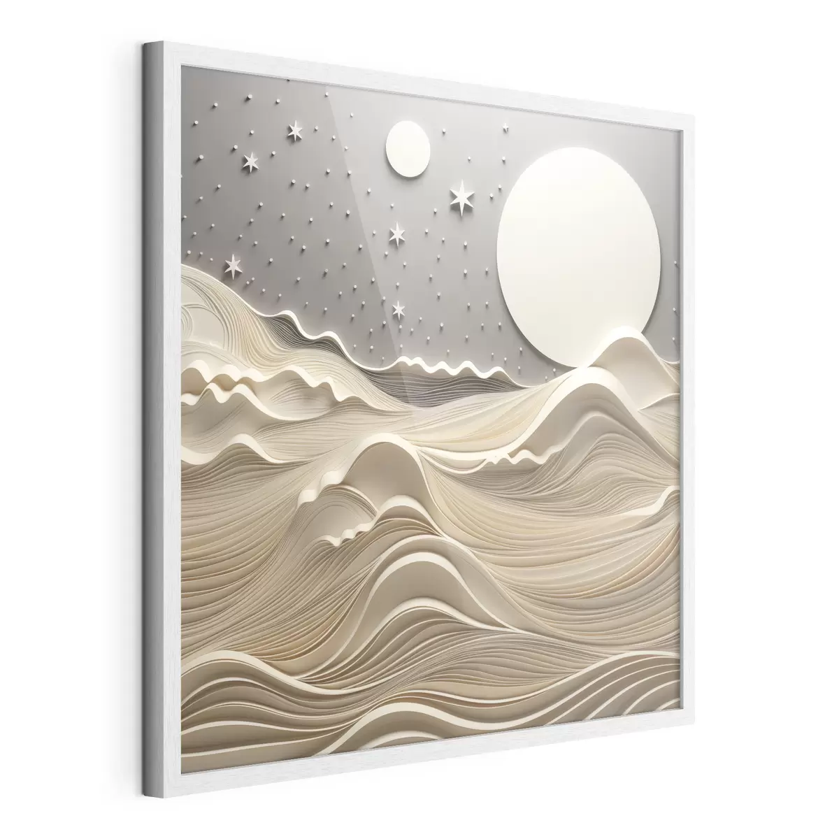 Poster Un paysage minimaliste et stylisé, avec des collines ondulantes et une grande lune dans un ciel étoilé, œuvre d'art abstrait f48401