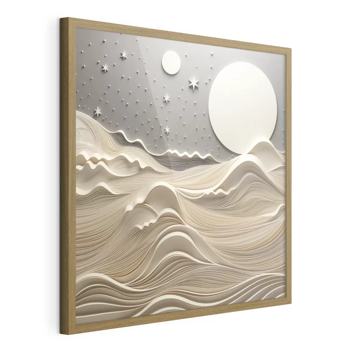 Poster Un paysage minimaliste et stylisé, avec des collines ondulantes et une grande lune dans un ciel étoilé, œuvre d'art abstrait f48401