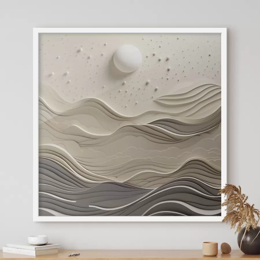 Papier peint Un paysage minimaliste et stylisé, avec des collines ondulantes et une grande lune dans un ciel étoilé, œuvre d'art abstrait f48402