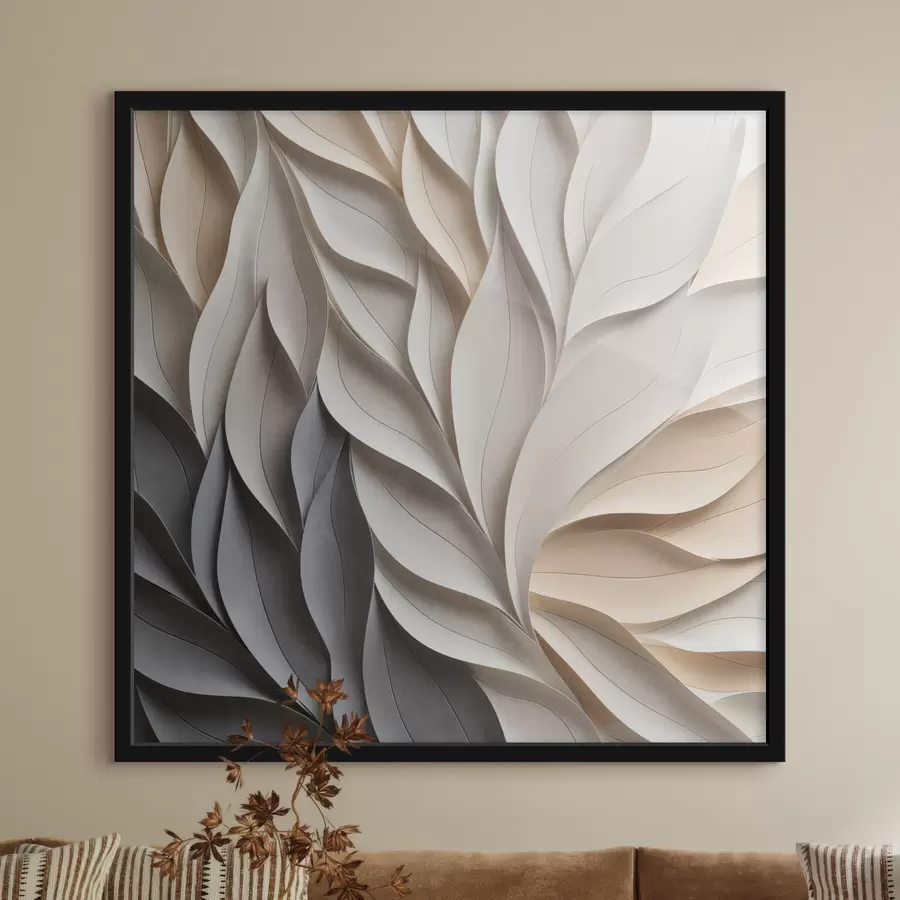 Papier peint Un motif abstrait texturé représentant des feuilles qui se chevauchent, dans des tons neutres de beige, crème et gris f48407