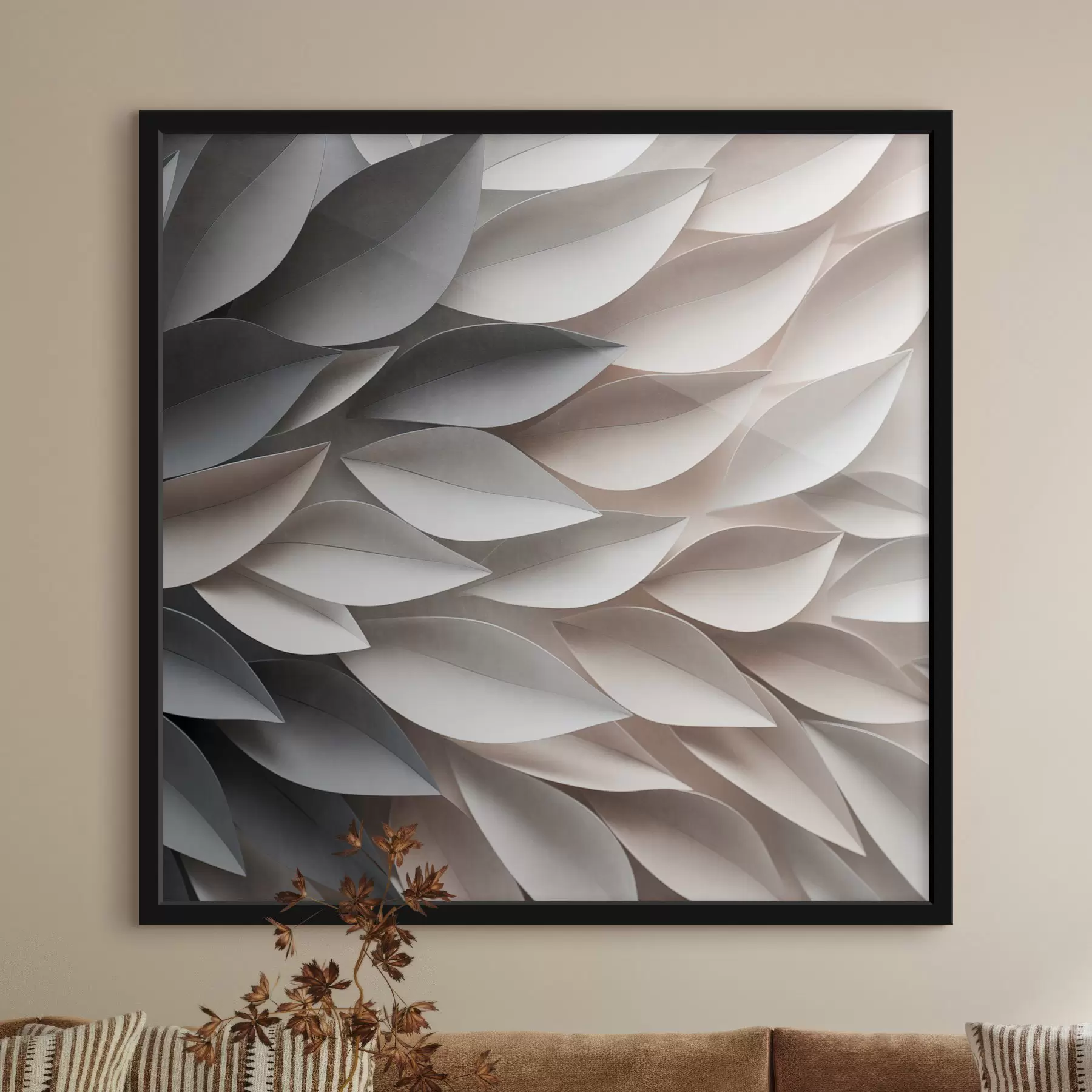 Papier peint Un motif abstrait texturé représentant des feuilles qui se chevauchent, dans des tons neutres de beige, crème et gris f48408