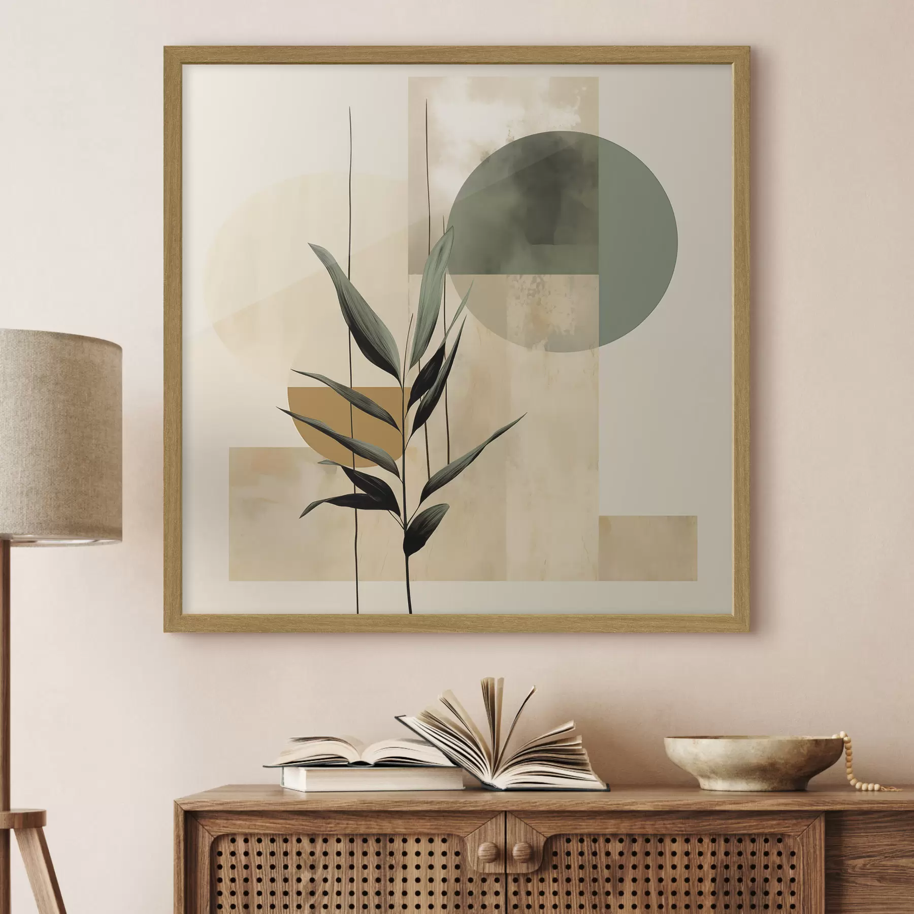 Papier peint Une plante vert foncé aux formes géométriques abstraites et aux textures aquarellées dans les tons beiges et verts f48409