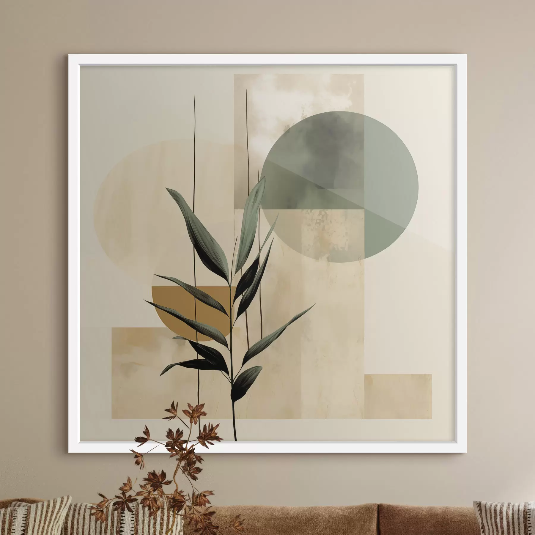 Papier peint Une plante vert foncé aux formes géométriques abstraites et aux textures aquarellées dans les tons beiges et verts f48409