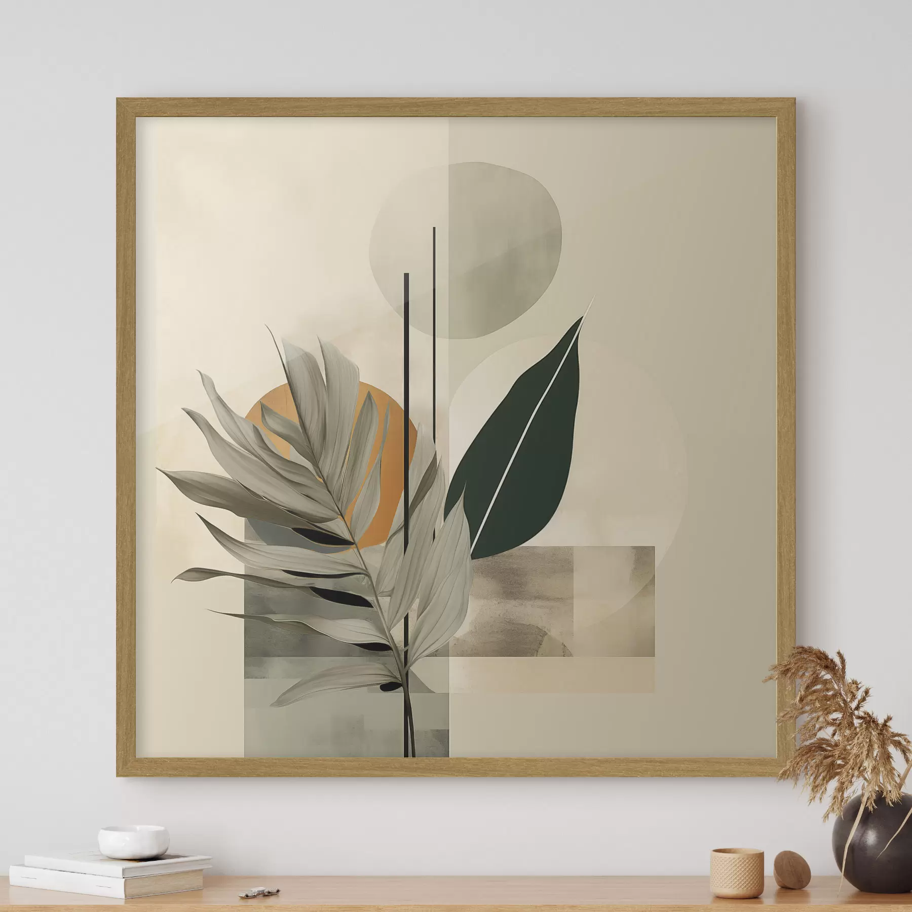Papier peint Une plante vert foncé aux formes géométriques abstraites et aux textures aquarellées dans les tons beiges et verts f48410