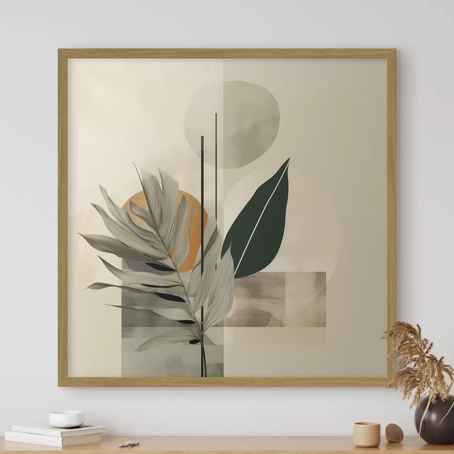 Papier peint Une plante vert foncé aux formes géométriques abstraites et aux textures aquarellées dans les tons beiges et verts f48410