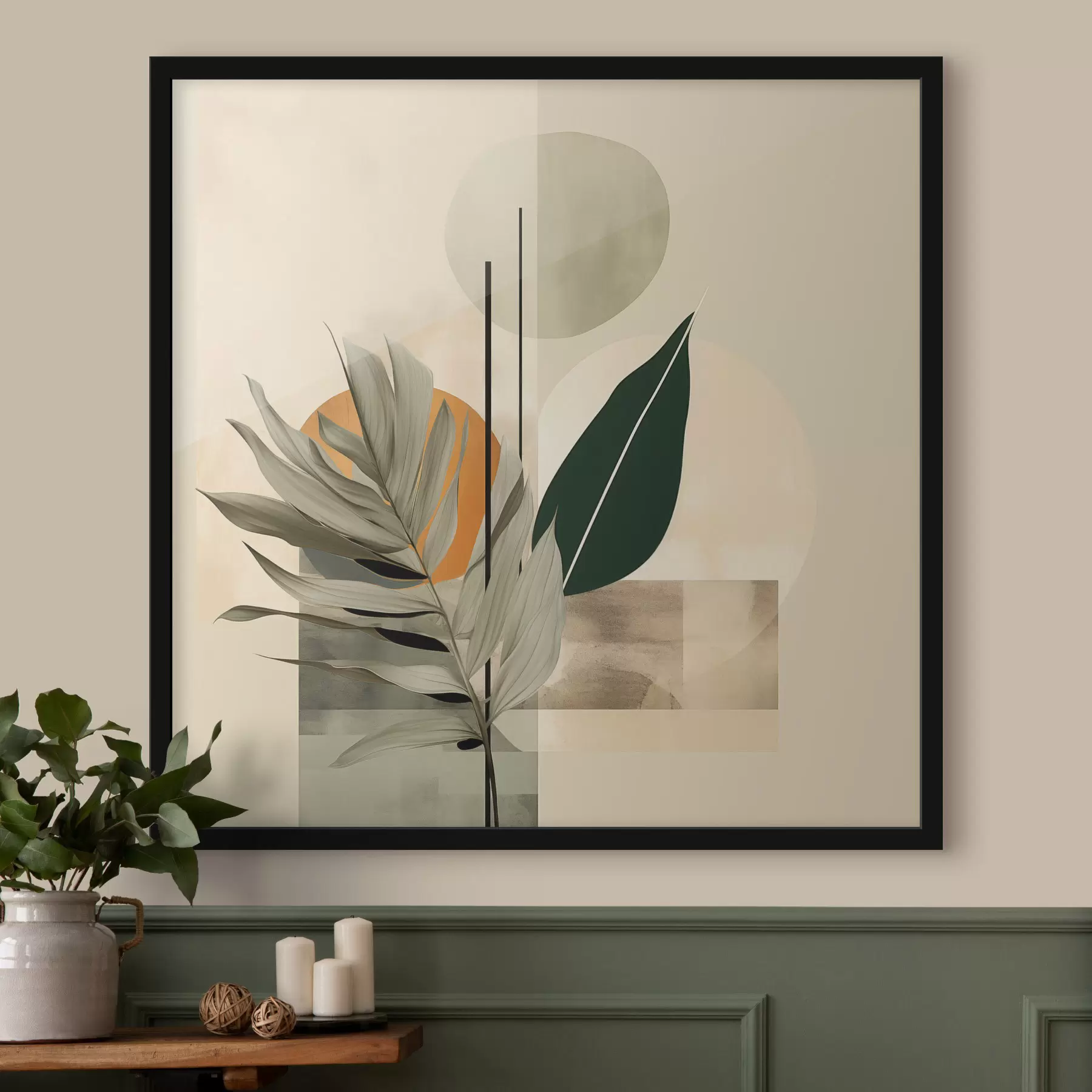 Papier peint Une plante vert foncé aux formes géométriques abstraites et aux textures aquarellées dans les tons beiges et verts f48410