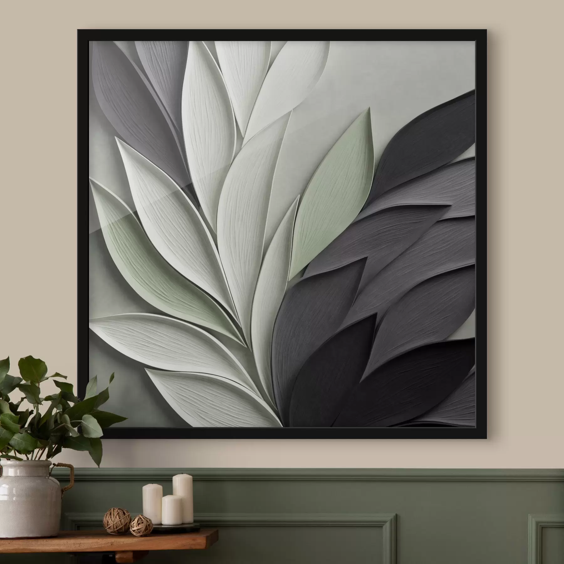 Papier peint Feuilles stylisées et abstraites dans des tons de gris, de blanc et de vert discret f48411